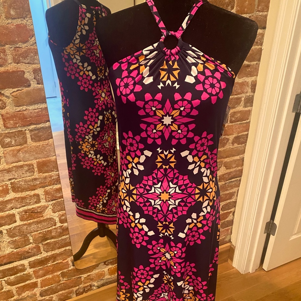Strapless Halter INC dress with geometric pattern, high low bottom, flattering!